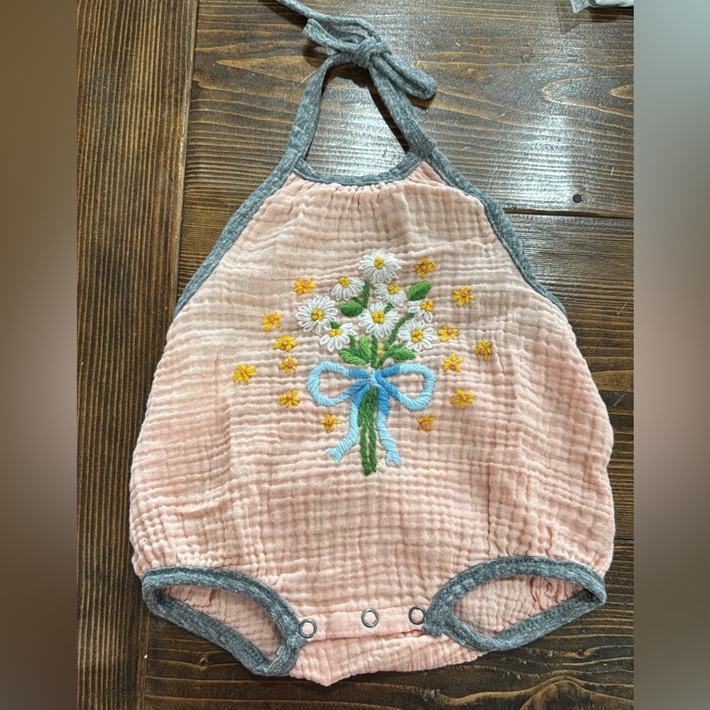Charming Peach Baby Romper with Floral Embroidery